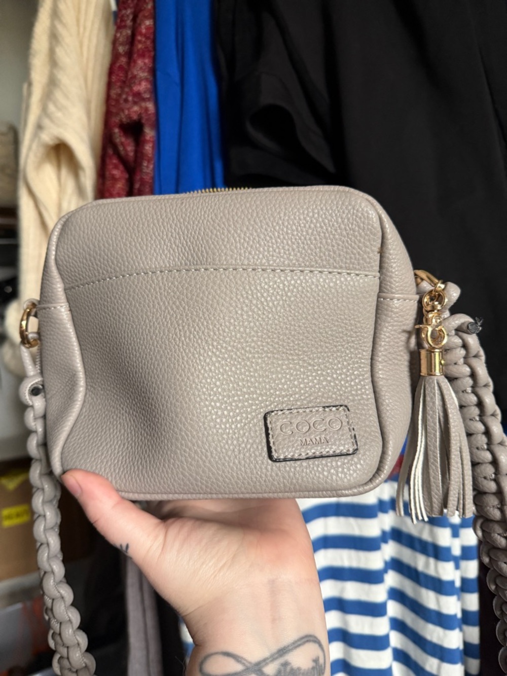 Gray Pebbled Leather Crossbody with Braided Strap